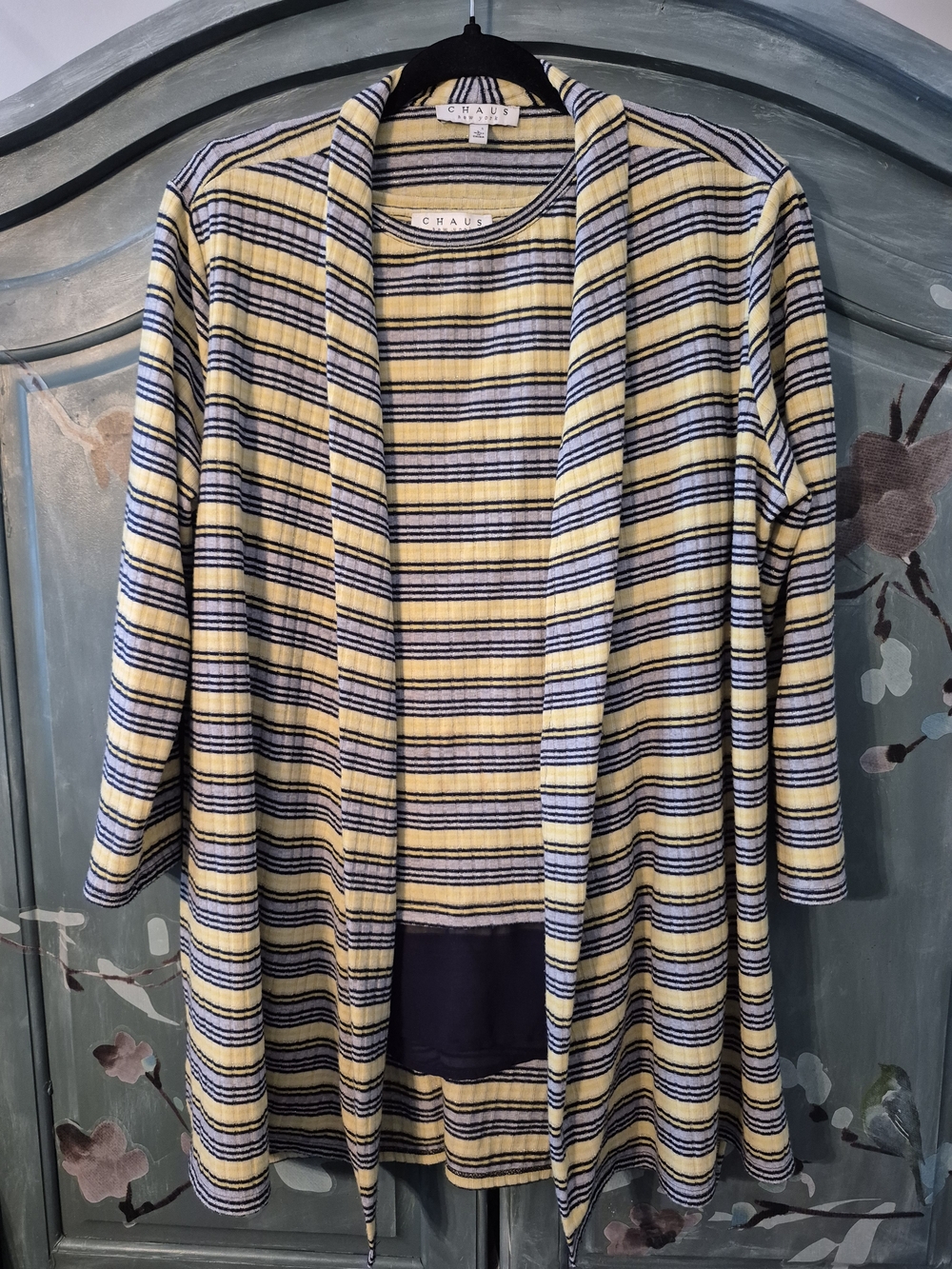 Chaus Striped Yellow, Black & Gray Open Cardigan Set
